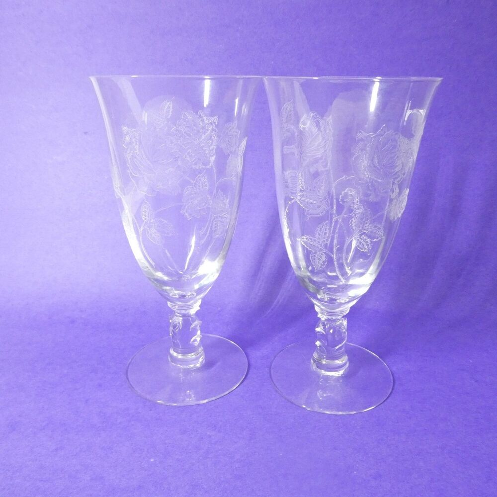 2 Heisey Rose Iced Tea Glasses Set 6 3/4" Clear Etched Glass Vintage Goblets